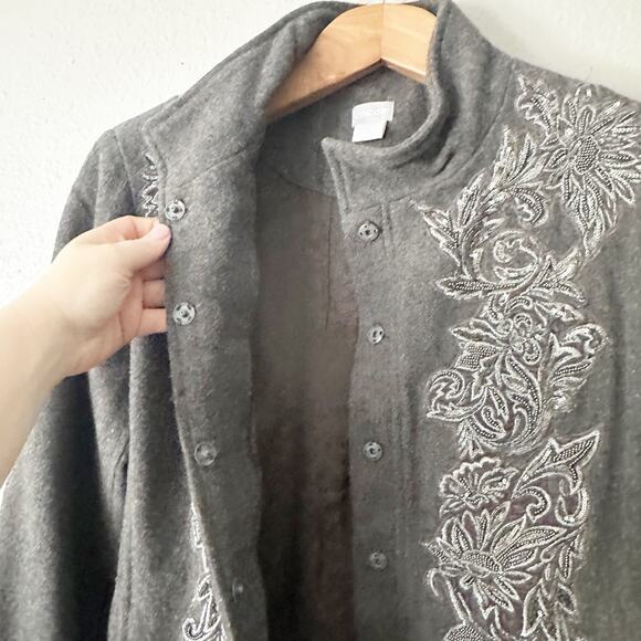Chico's Size 1 Gray Wool Blend Beaded Embellished Jacket Women’s Size Medium - Picture 9 of 15